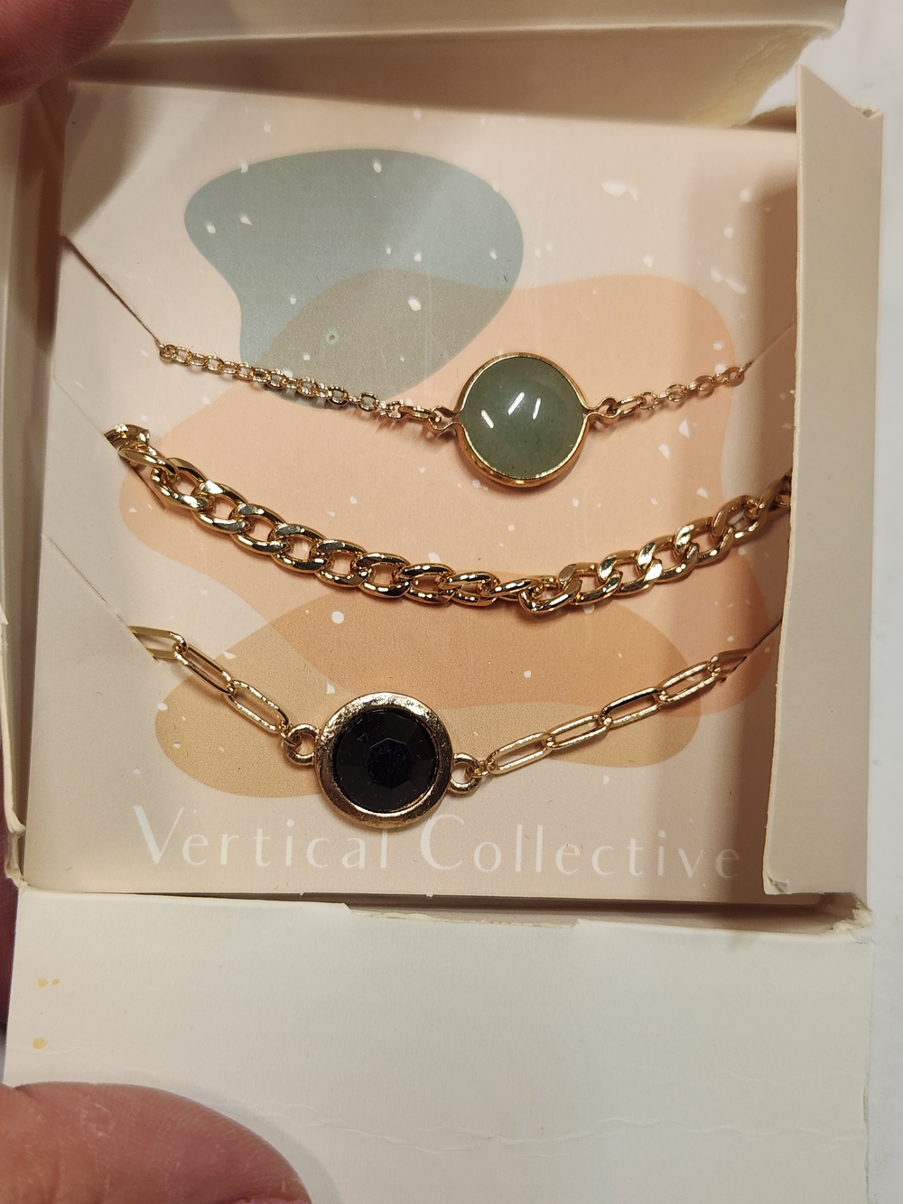 Gold Bracelet Set with Green and Black Stone Accents